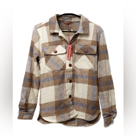 BlankNYC Girls Youth Flannel Button-Down Shirt XL | Tan & Cream Plaid | New - Picture 1 of 9